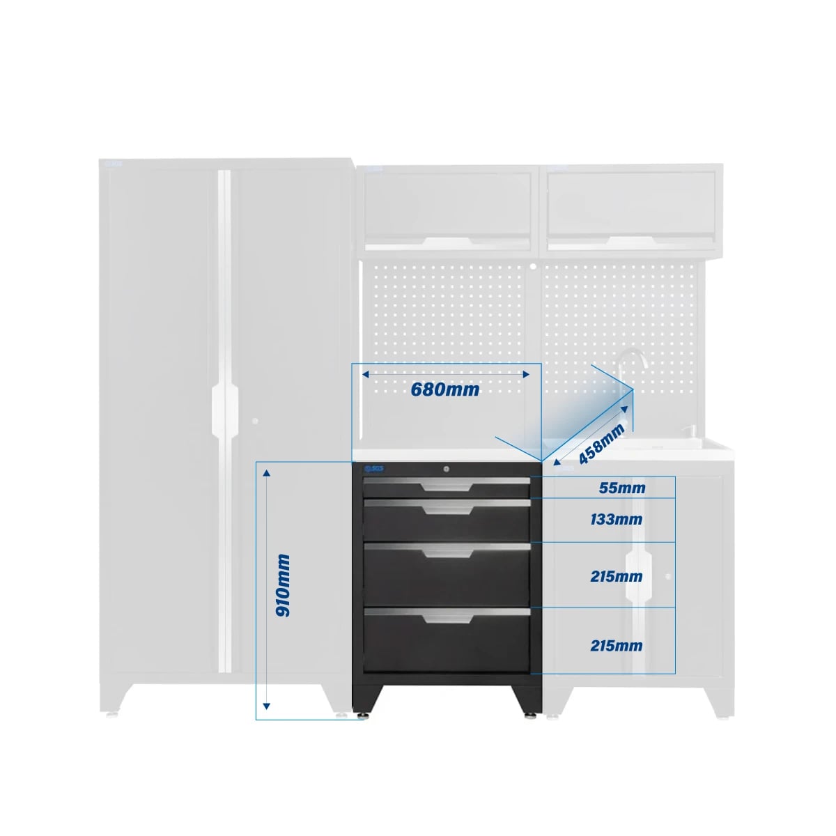 SGS 7pc Garage Storage System | 4 Drawers | Stainless Steel Worktop | Sink Unit | 2x Upper Cabinets | Tall Double Cabinet